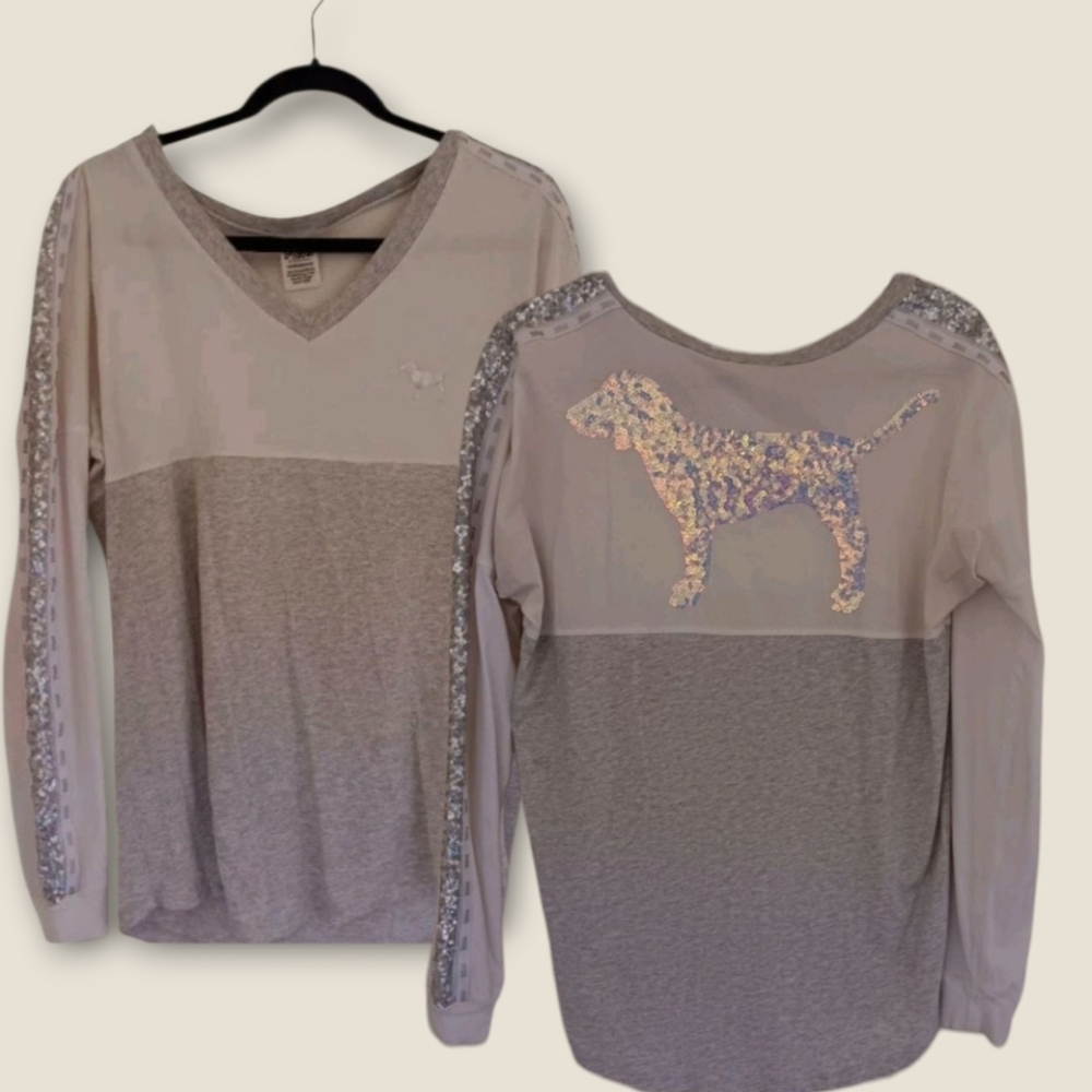 Victoria’s Secret PINK Medium Gray & White Sequin Glitter Dog PINK Logo Tee Y2K